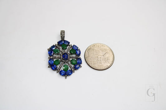 Beautiful Designer Emerald Kaynite Pendant  Rosecut Pave Diamond Pendant 925 Sterling Silver Handmade Finish Diamond Charms Necklace Pendant
