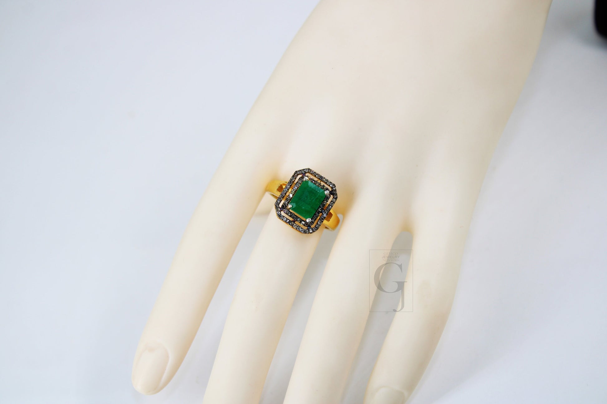 18k Gold Designer Emerald Ring Rosecut Pave Diamond Rings 925 Sterling Silver Handmade Silver Finish Diamond Ring Jewelry