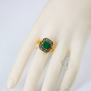 18k Gold Designer Emerald Ring Rosecut Pave Diamond Rings 925 Sterling Silver Handmade Silver Finish Diamond Ring Jewelry