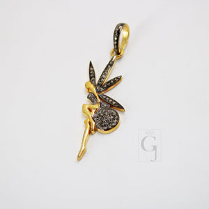 Beautiful 14k Gold Designer Fairy Pendant Rosecut Pave Diamond Pendant 925 Sterling Silver Handmade Finish Diamond Charms Necklace Pendant