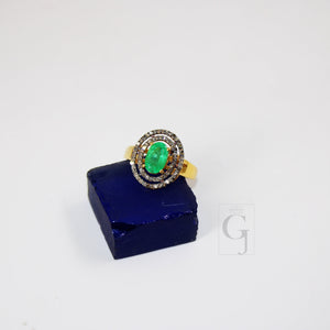 Fashionable 18k gold designer natural emerald ring Rosecut pave diamond ring 925 sterling silver handmade silver finish diamond ring jewelry