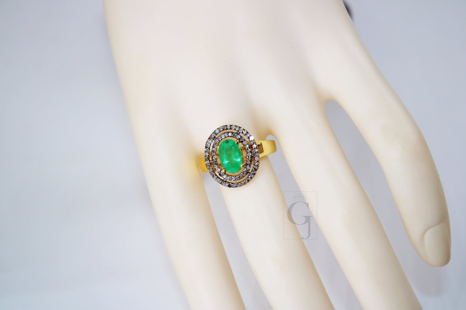 Fashionable 18k gold designer natural emerald ring Rosecut pave diamond ring 925 sterling silver handmade silver finish diamond ring jewelry