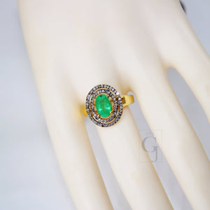 Fashionable 18k gold designer natural emerald ring Rosecut pave diamond ring 925 sterling silver handmade silver finish diamond ring jewelry