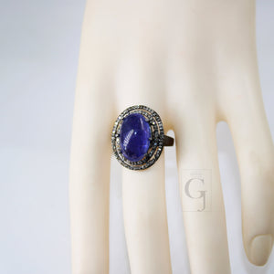 Antique Look Designer Natural Tanzanite Ring Rosecut Pave Diamond Rings 925 Sterling Silver Handmade Silver Finish Diamond Ring Jewelry