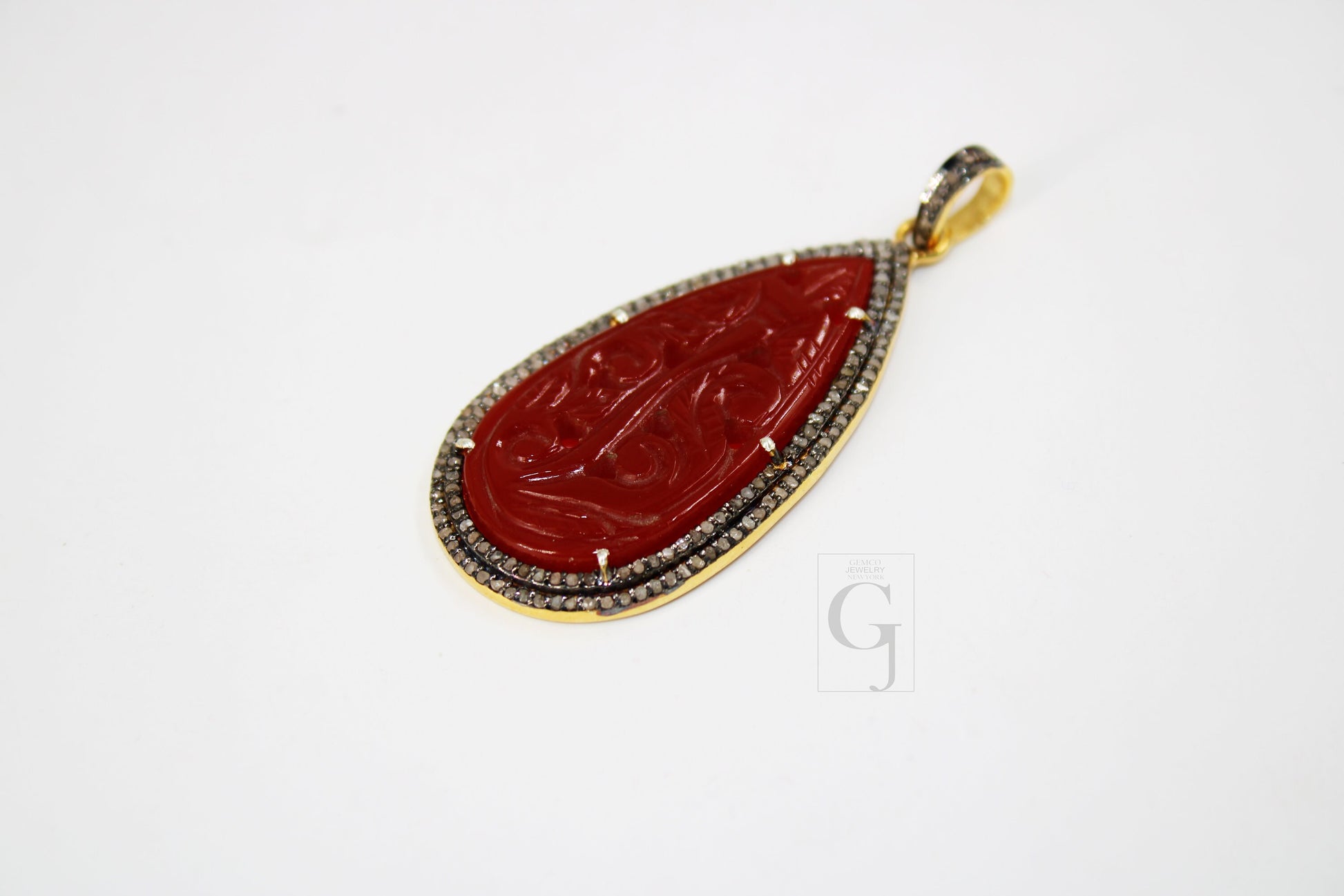 14k Gold Carving Red Onyx Stone Pendant Rosecut Pave Diamond Pendant 925 Sterling Silver Handmade Finish Diamond Charms Necklace Pendant