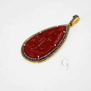 14k Gold Carving Red Onyx Stone Pendant Rosecut Pave Diamond Pendant 925 Sterling Silver Handmade Finish Diamond Charms Necklace Pendant