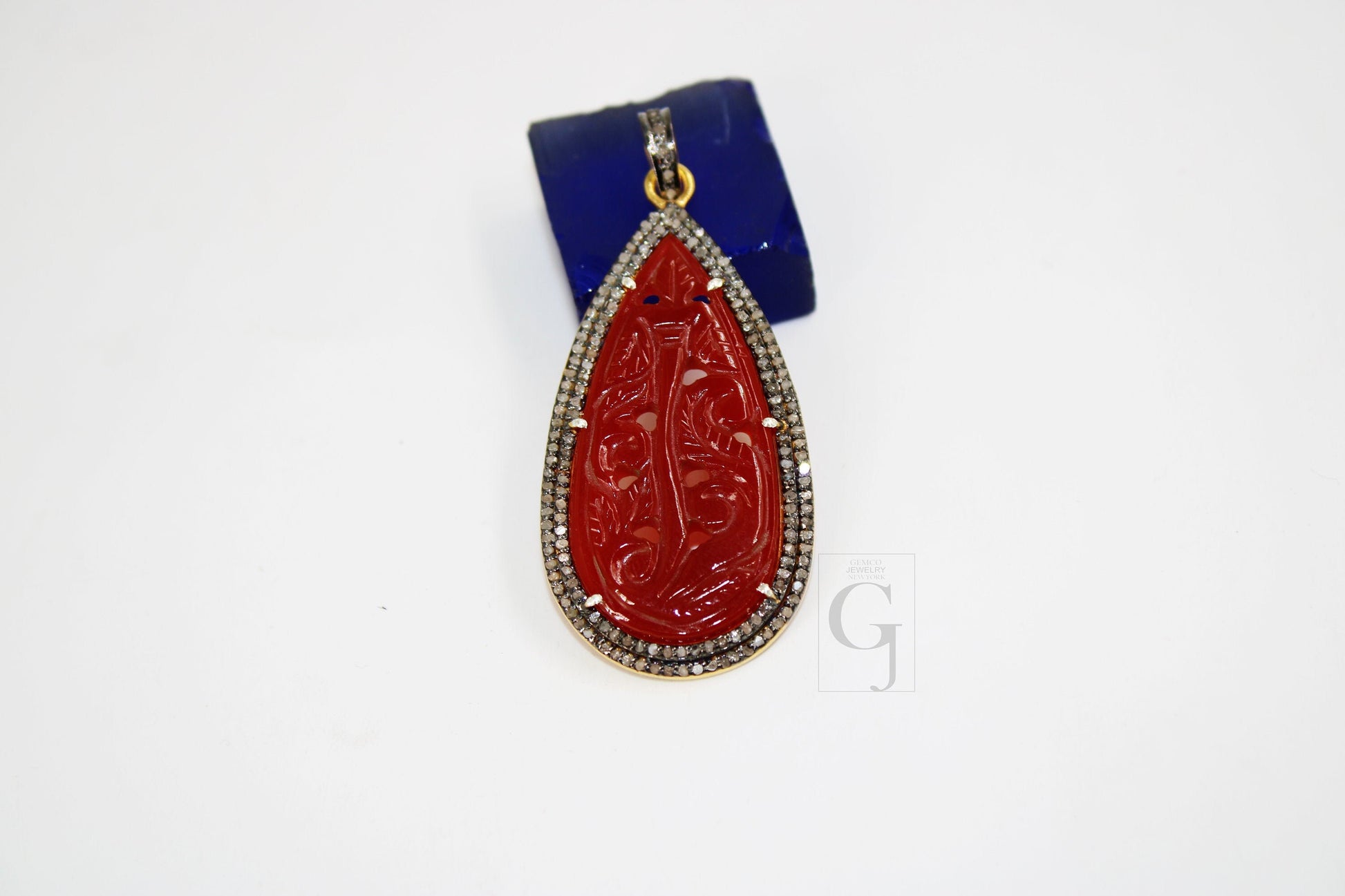 14k Gold Carving Red Onyx Stone Pendant Rosecut Pave Diamond Pendant 925 Sterling Silver Handmade Finish Diamond Charms Necklace Pendant