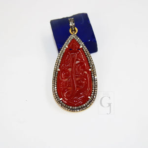 14k Gold Carving Red Onyx Stone Pendant Rosecut Pave Diamond Pendant 925 Sterling Silver Handmade Finish Diamond Charms Necklace Pendant