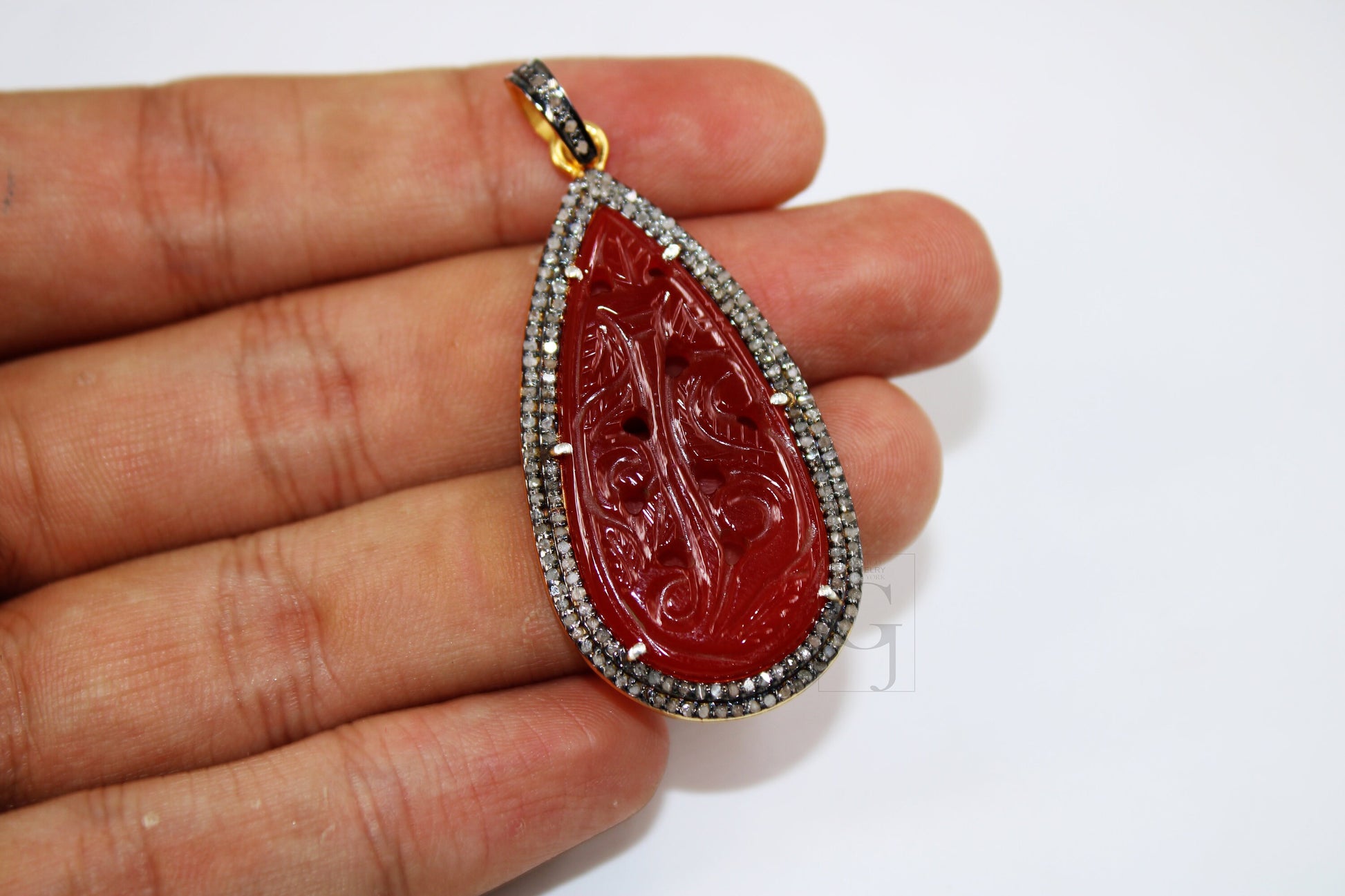 14k Gold Carving Red Onyx Stone Pendant Rosecut Pave Diamond Pendant 925 Sterling Silver Handmade Finish Diamond Charms Necklace Pendant