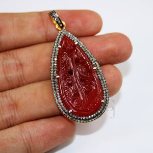 14k Gold Carving Red Onyx Stone Pendant Rosecut Pave Diamond Pendant 925 Sterling Silver Handmade Finish Diamond Charms Necklace Pendant