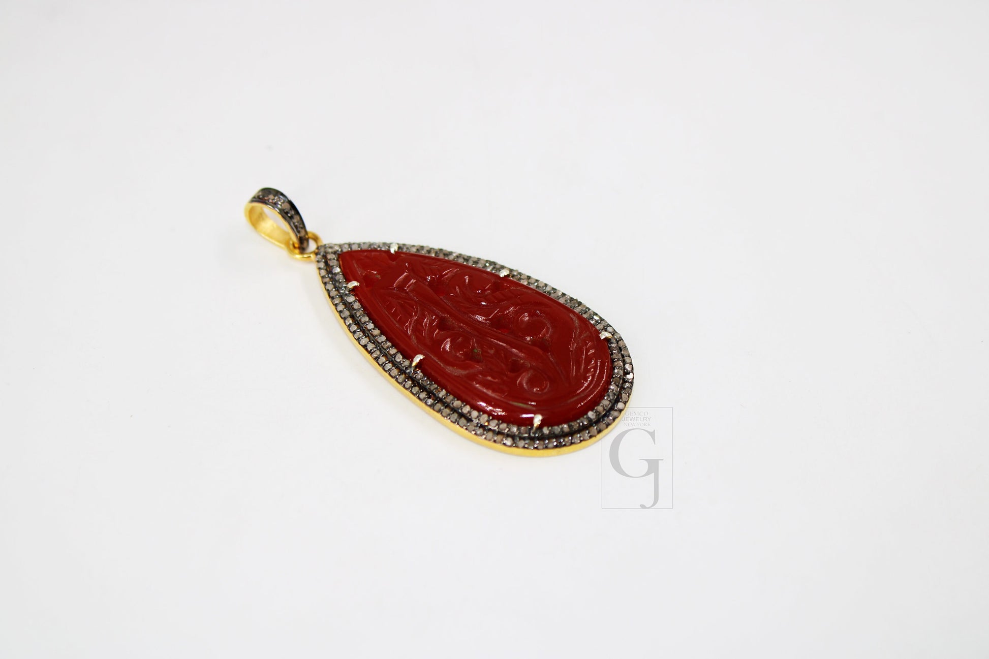 14k Gold Carving Red Onyx Stone Pendant Rosecut Pave Diamond Pendant 925 Sterling Silver Handmade Finish Diamond Charms Necklace Pendant