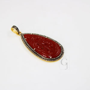 14k Gold Carving Red Onyx Stone Pendant Rosecut Pave Diamond Pendant 925 Sterling Silver Handmade Finish Diamond Charms Necklace Pendant