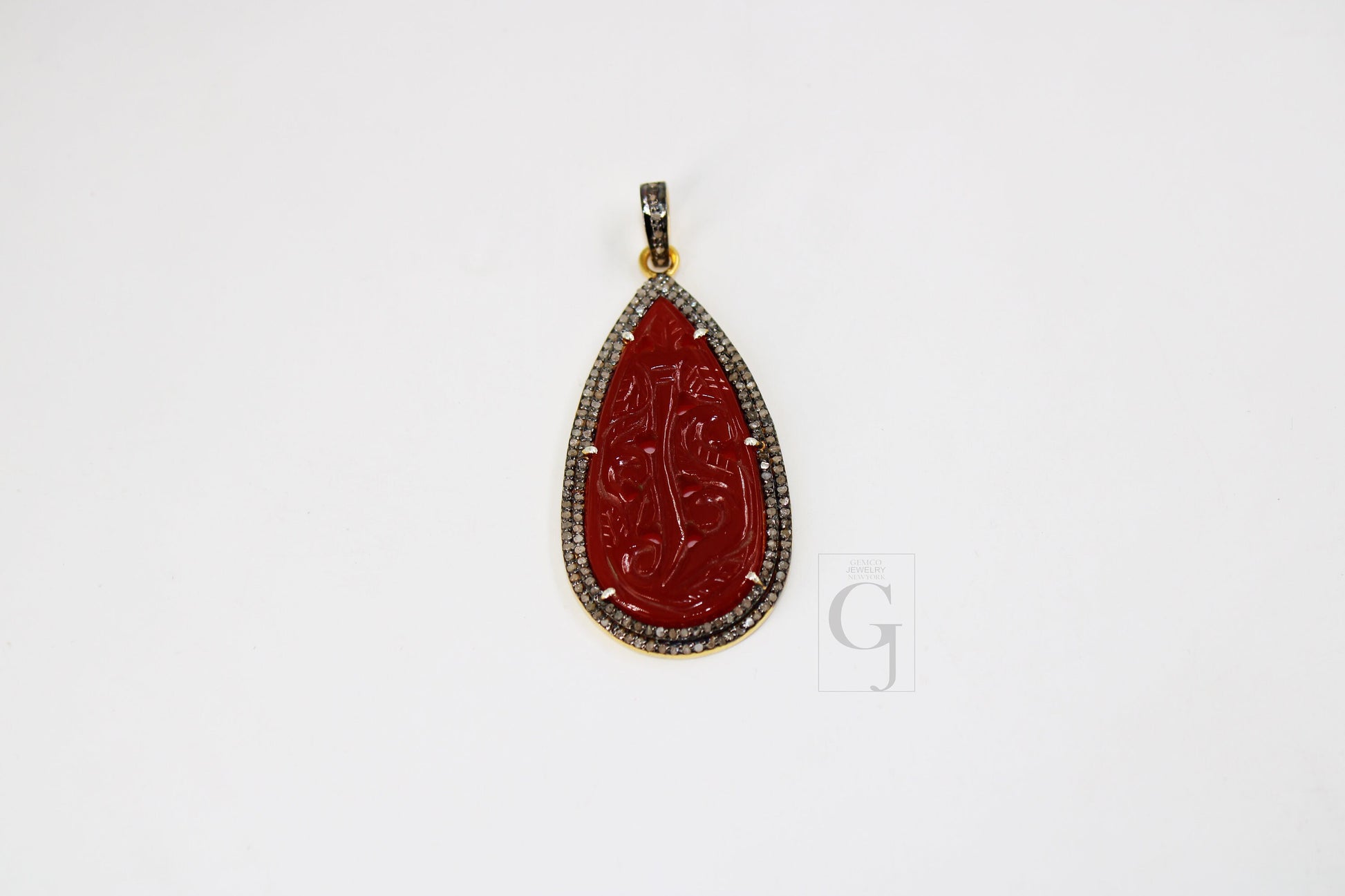 14k Gold Carving Red Onyx Stone Pendant Rosecut Pave Diamond Pendant 925 Sterling Silver Handmade Finish Diamond Charms Necklace Pendant