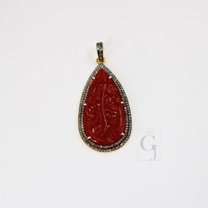 14k Gold Carving Red Onyx Stone Pendant Rosecut Pave Diamond Pendant 925 Sterling Silver Handmade Finish Diamond Charms Necklace Pendant