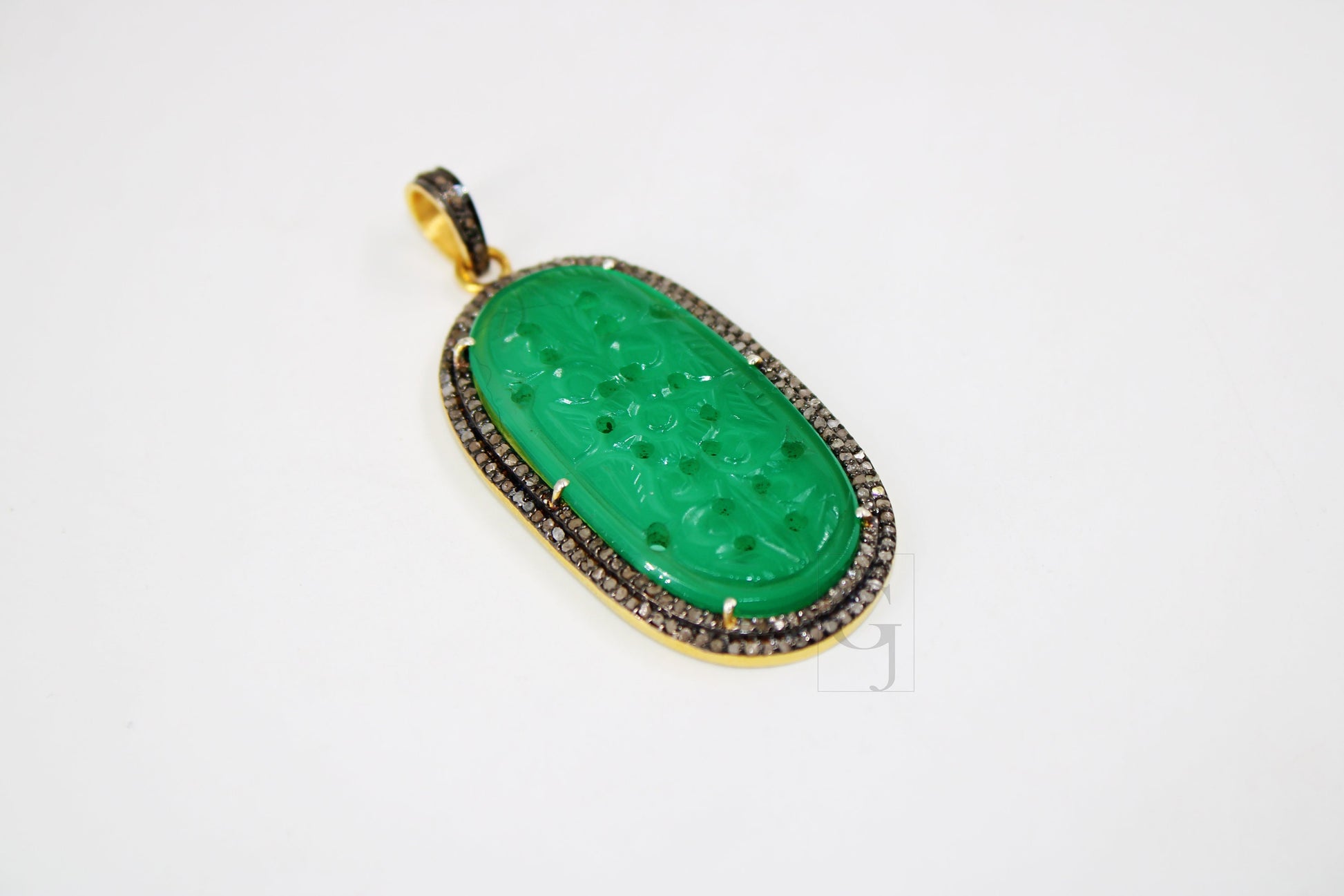 14k gold carving green onyx stone pendant Rosecut pave diamond pendant 925 sterling silver handmade finish diamond charms necklace pendant