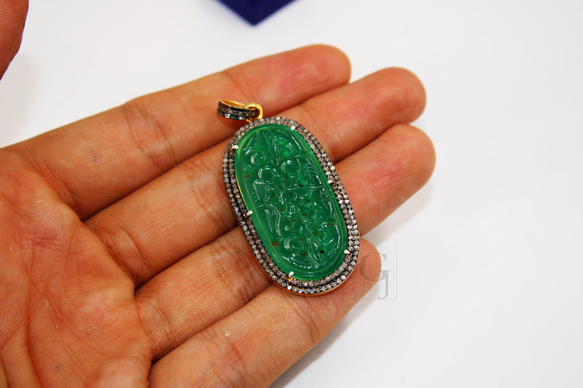 14k gold carving green onyx stone pendant Rosecut pave diamond pendant 925 sterling silver handmade finish diamond charms necklace pendant