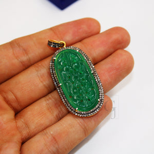 14k gold carving green onyx stone pendant Rosecut pave diamond pendant 925 sterling silver handmade finish diamond charms necklace pendant