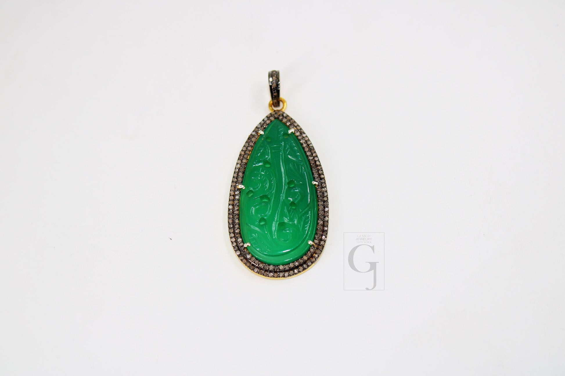 14k Gold Carving Green Onyx Stone Pendant Rosecut Pave Diamond Pendant 925 Sterling Silver Handmade Finish Diamond Charms Necklace Pendant