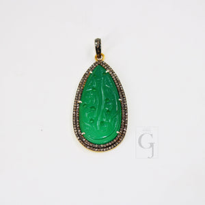 14k Gold Carving Green Onyx Stone Pendant Rosecut Pave Diamond Pendant 925 Sterling Silver Handmade Finish Diamond Charms Necklace Pendant