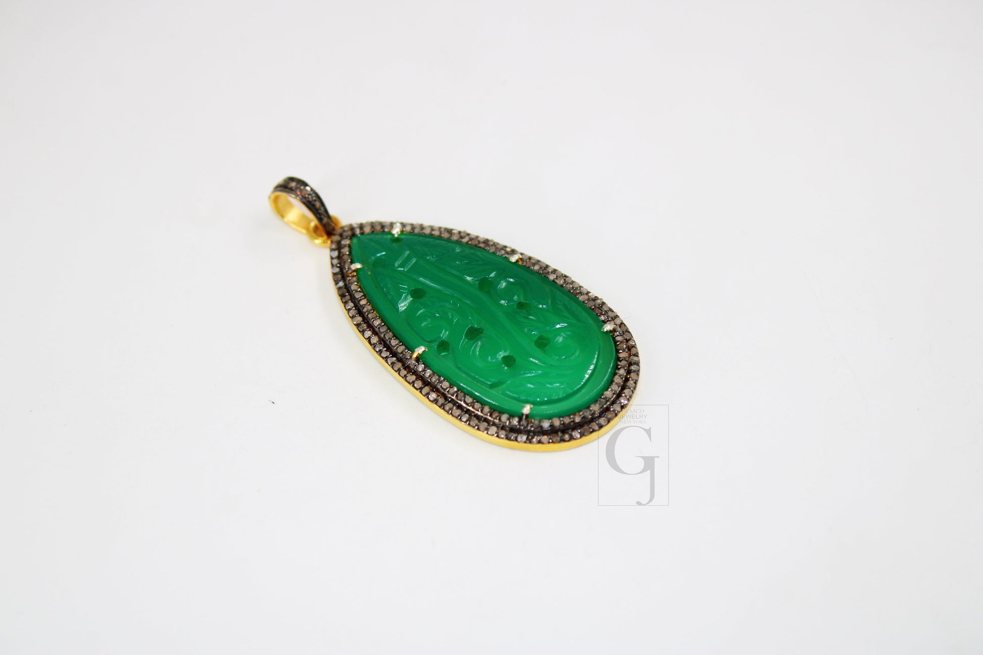 14k Gold Carving Green Onyx Stone Pendant Rosecut Pave Diamond Pendant 925 Sterling Silver Handmade Finish Diamond Charms Necklace Pendant