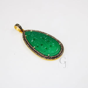 14k Gold Carving Green Onyx Stone Pendant Rosecut Pave Diamond Pendant 925 Sterling Silver Handmade Finish Diamond Charms Necklace Pendant