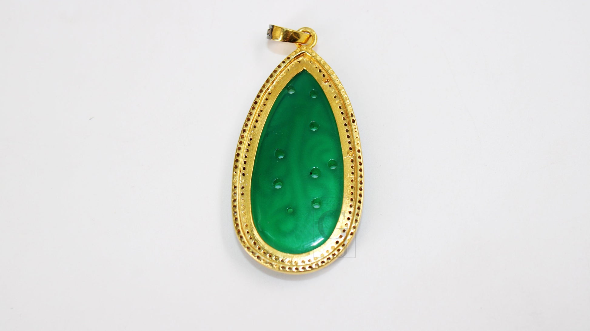 14k Gold Carving Green Onyx Stone Pendant Rosecut Pave Diamond Pendant 925 Sterling Silver Handmade Finish Diamond Charms Necklace Pendant