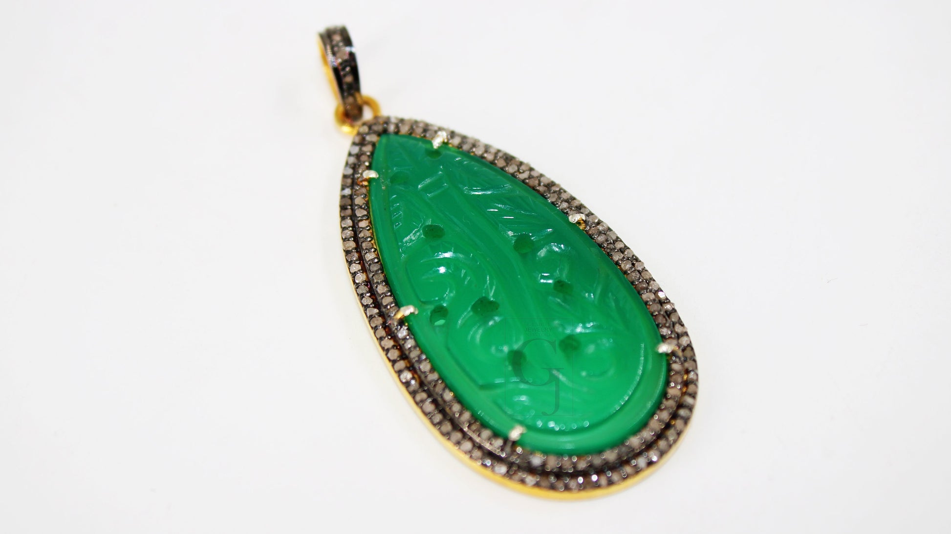 14k Gold Carving Green Onyx Stone Pendant Rosecut Pave Diamond Pendant 925 Sterling Silver Handmade Finish Diamond Charms Necklace Pendant