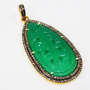 14k Gold Carving Green Onyx Stone Pendant Rosecut Pave Diamond Pendant 925 Sterling Silver Handmade Finish Diamond Charms Necklace Pendant