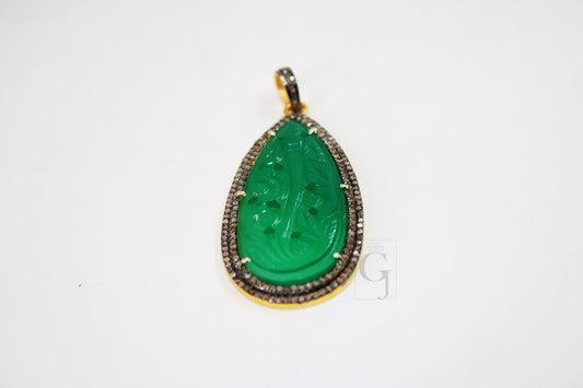 14k Gold Carving Green Onyx Stone Pendant Rosecut Pave Diamond Pendant 925 Sterling Silver Handmade Finish Diamond Charms Necklace Pendant