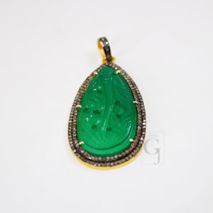 14k Gold Carving Green Onyx Stone Pendant Rosecut Pave Diamond Pendant 925 Sterling Silver Handmade Finish Diamond Charms Necklace Pendant