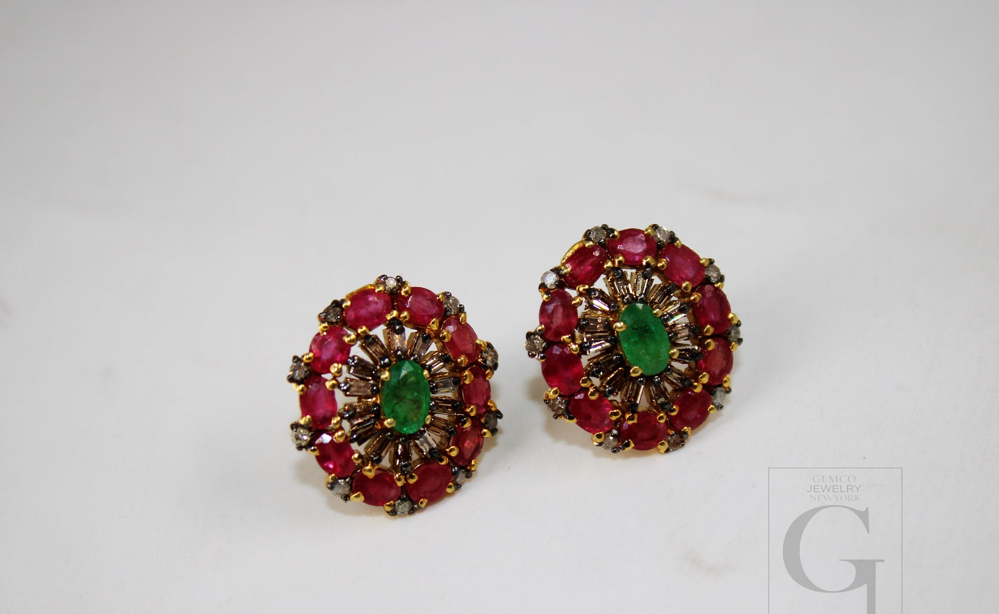 14k Gold Finish Designer Red Ruby And Emerald Earring Pave Rosecut Diamond 925 Sterling Silver Handmade Baguette Diamond Pave Stud Earrings