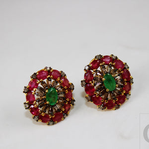 14k Gold Finish Designer Red Ruby And Emerald Earring Pave Rosecut Diamond 925 Sterling Silver Handmade Baguette Diamond Pave Stud Earrings