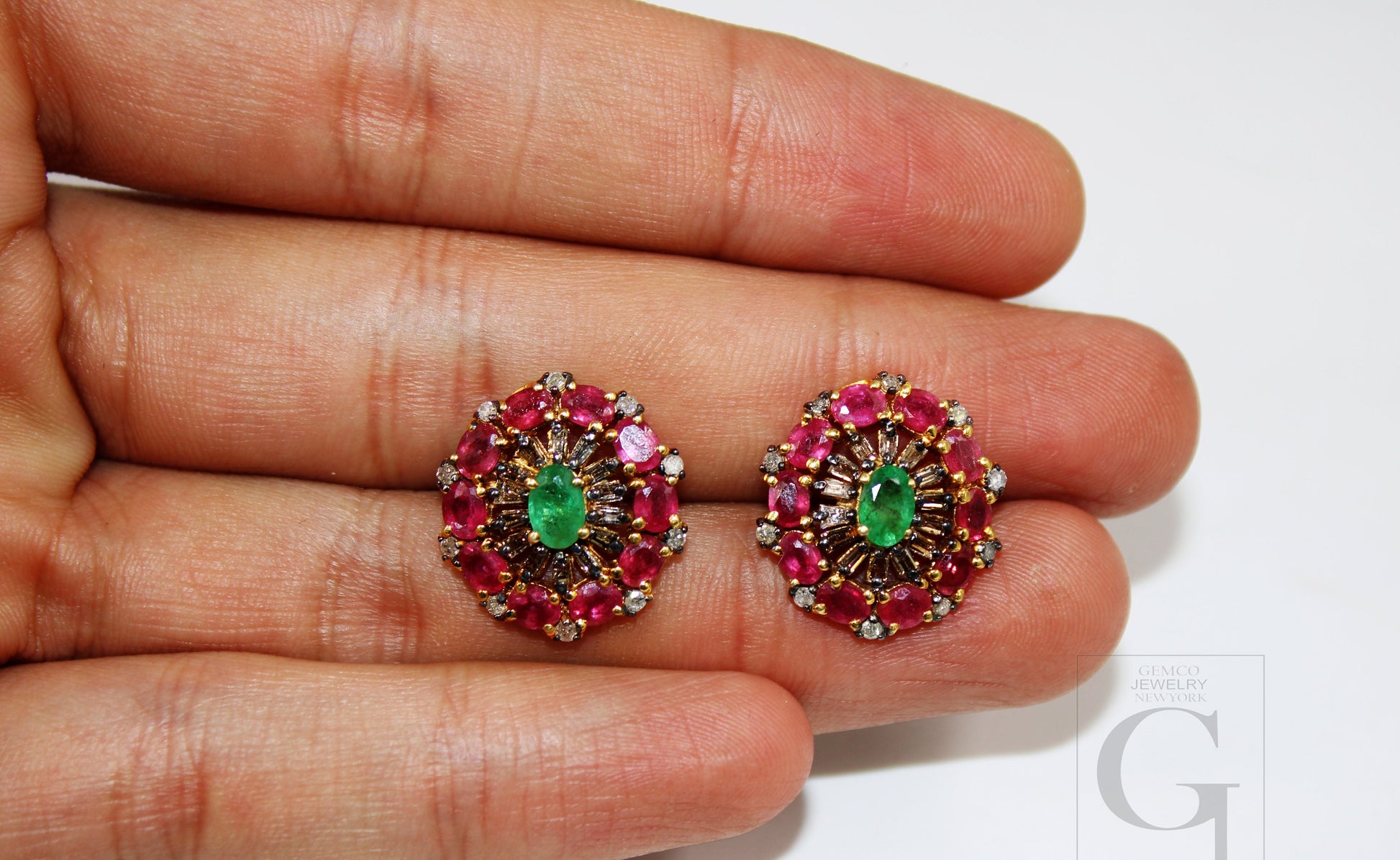 14k Gold Finish Designer Red Ruby And Emerald Earring Pave Rosecut Diamond 925 Sterling Silver Handmade Baguette Diamond Pave Stud Earrings