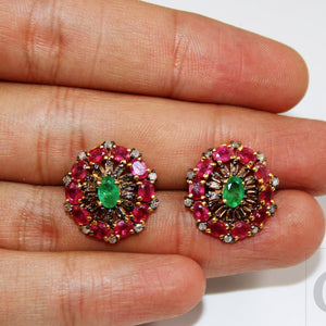 14k Gold Finish Designer Red Ruby And Emerald Earring Pave Rosecut Diamond 925 Sterling Silver Handmade Baguette Diamond Pave Stud Earrings