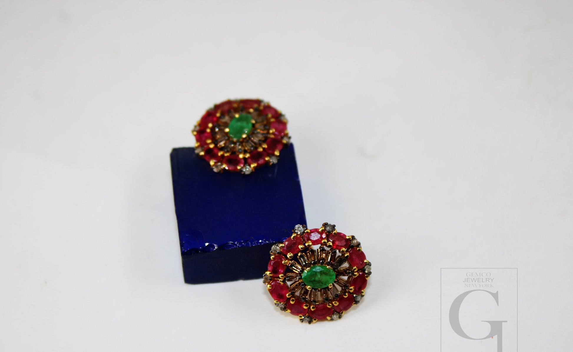 14k Gold Finish Designer Red Ruby And Emerald Earring Pave Rosecut Diamond 925 Sterling Silver Handmade Baguette Diamond Pave Stud Earrings