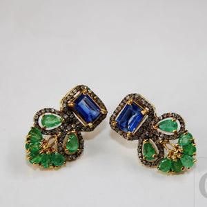 Natural stone emerald and kyanite earring Pave rosecut diamond 925 sterling silver handmade very beautiful  diamond pave stud earrings