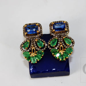 Natural stone emerald and kyanite earring Pave rosecut diamond 925 sterling silver handmade very beautiful  diamond pave stud earrings