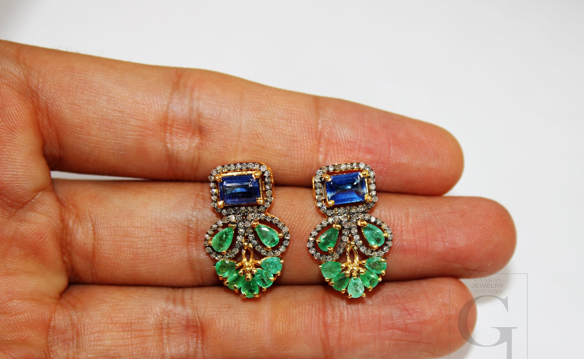 Natural stone emerald and kyanite earring Pave rosecut diamond 925 sterling silver handmade very beautiful  diamond pave stud earrings