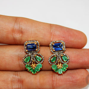 Natural stone emerald and kyanite earring Pave rosecut diamond 925 sterling silver handmade very beautiful  diamond pave stud earrings