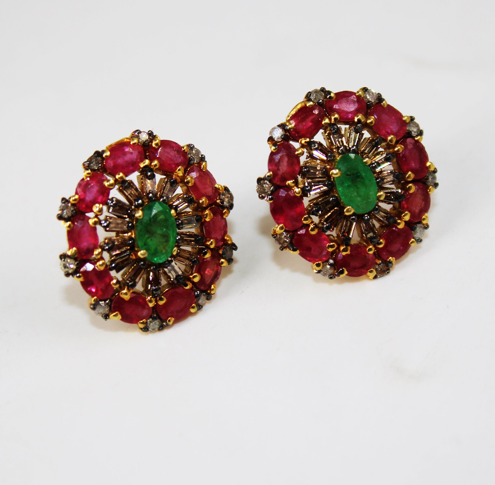 14k Gold Finish Designer Red Ruby And Emerald Earring Pave Rosecut Diamond 925 Sterling Silver Handmade Baguette Diamond Pave Stud Earrings