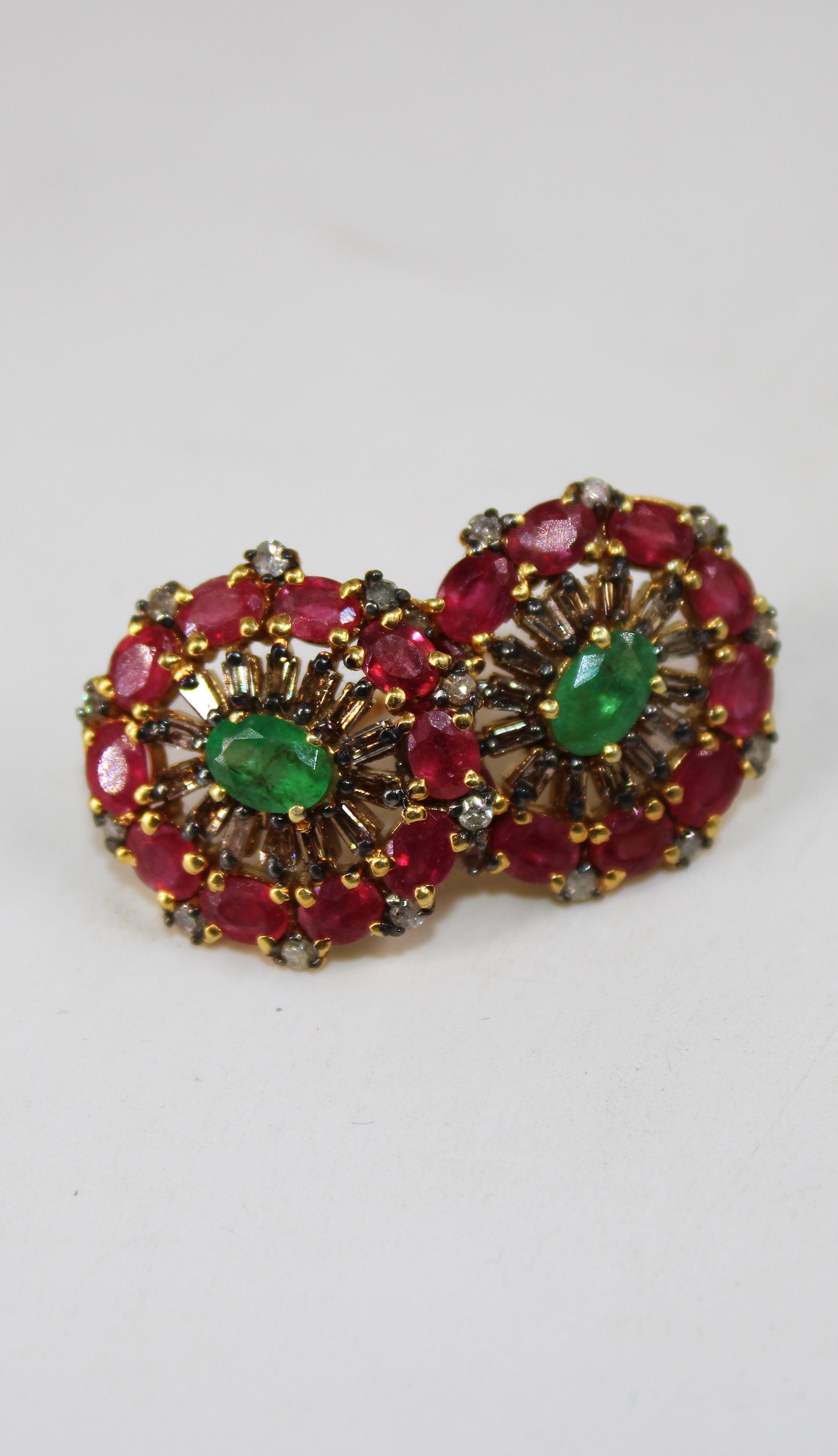 14k Gold Finish Designer Red Ruby And Emerald Earring Pave Rosecut Diamond 925 Sterling Silver Handmade Baguette Diamond Pave Stud Earrings