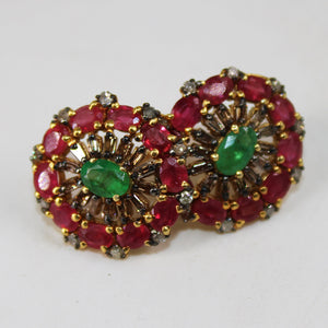 14k Gold Finish Designer Red Ruby And Emerald Earring Pave Rosecut Diamond 925 Sterling Silver Handmade Baguette Diamond Pave Stud Earrings