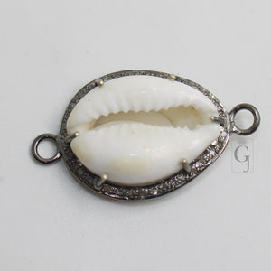 Beautiful Designer Cowrie Designer Rosecut Pave Diamond Connector 925 Sterling Silver Oxidised Handmade Diamond Charm Pendant