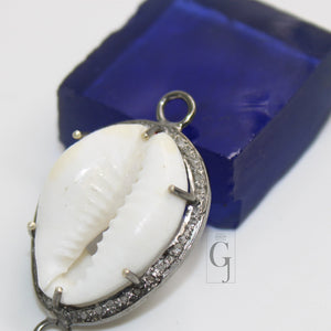Beautiful Designer Cowrie Designer Rosecut Pave Diamond Connector 925 Sterling Silver Oxidised Handmade Diamond Charm Pendant