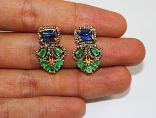 Natural stone emerald and kyanite earring Pave rosecut diamond 925 sterling silver handmade very beautiful  diamond pave stud earrings