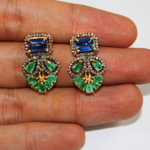 Natural stone emerald and kyanite earring Pave rosecut diamond 925 sterling silver handmade very beautiful  diamond pave stud earrings