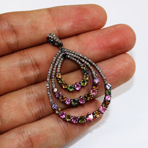 Beautiful Multi Tourmaline Designer Pendant Rosecut Pave Diamond Pendant 925 Sterling Silver Handmade Finish Diamond Charms Necklace Pendant