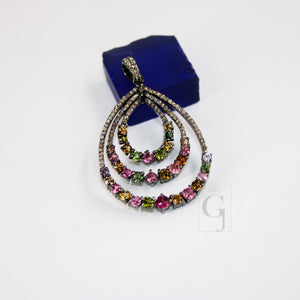 Beautiful Multi Tourmaline Designer Pendant Rosecut Pave Diamond Pendant 925 Sterling Silver Handmade Finish Diamond Charms Necklace Pendant