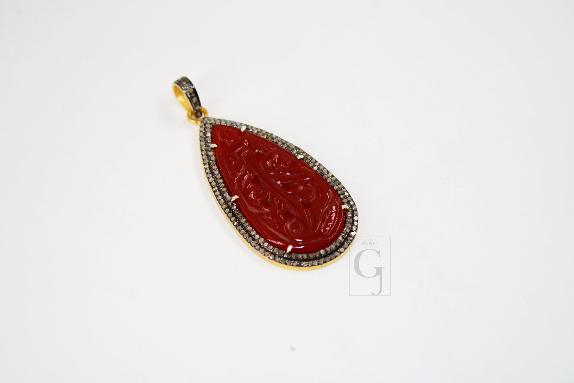 14k Gold Carving Red Onyx Stone Pendant Rosecut Pave Diamond Pendant 925 Sterling Silver Handmade Finish Diamond Charms Necklace Pendant