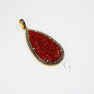 14k Gold Carving Red Onyx Stone Pendant Rosecut Pave Diamond Pendant 925 Sterling Silver Handmade Finish Diamond Charms Necklace Pendant